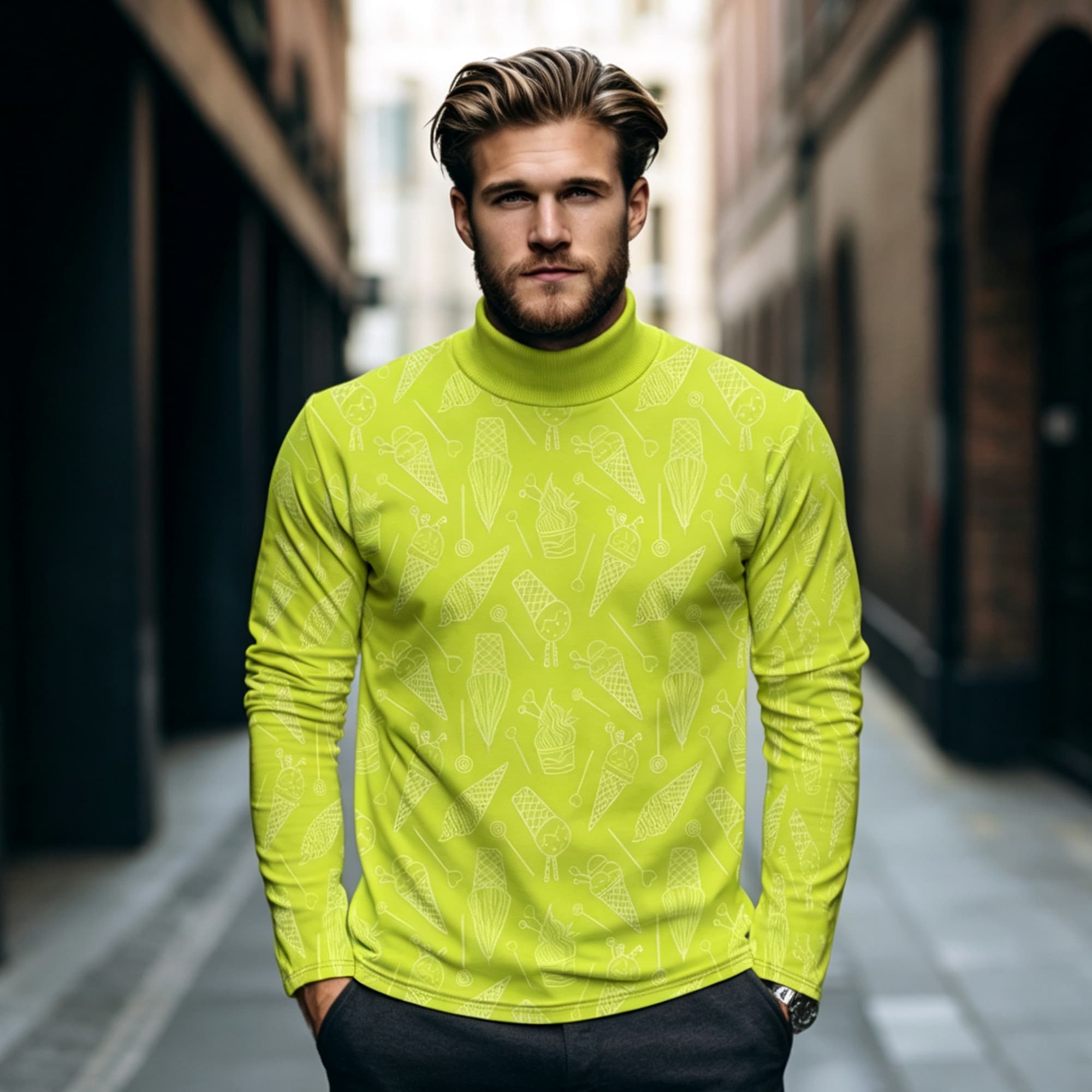 Men'S Fashion Line - Novelty Dessert Graphic Men Mock Neck